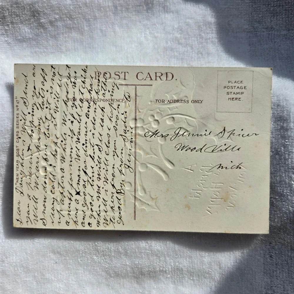 Antique New Year Postcard Holly Mistletoe Winter Sunset Gold Gilt Embossed 1910s